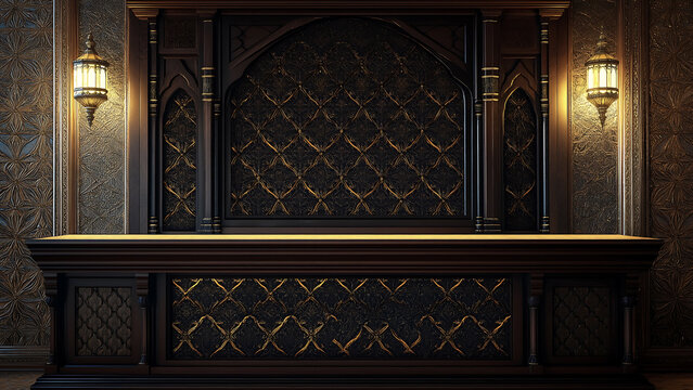 Luxurious wooden polished minbar with luminous lanterns hanging.