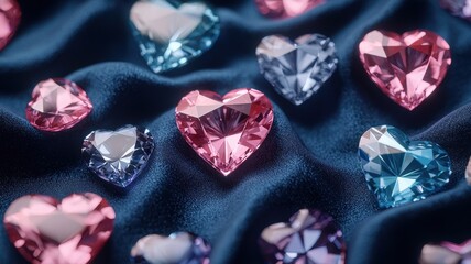 Heart-shaped gemstones scattered on a luxurious velvet background, opulent style, 3D illustration
