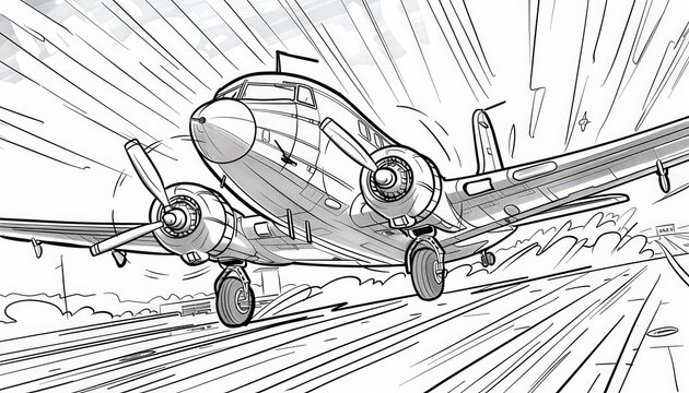 A vintage airplane taking off. Perfect for aviation enthusiasts, coloring books, or posters.
