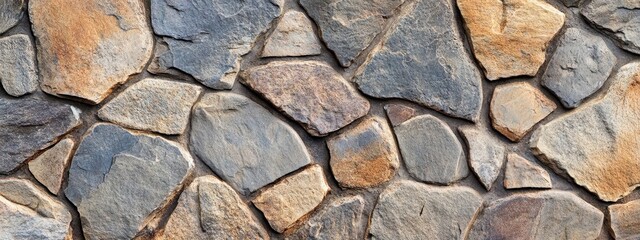 Obraz premium Natural stone wall design showcasing a variety of textures and colors in a rustic style suitable for outdoor or indoor architecture