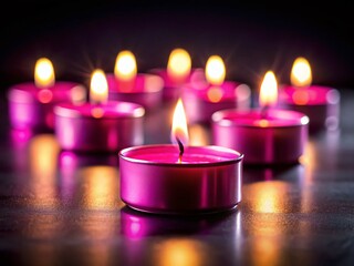 Pink Tea Light Candles Burning in Darkness - Advent/Memorial Prayer Candles