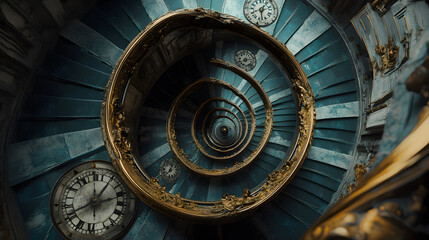 A staircase spiraling into infinity with clock faces embedded in the steps, symbolizing the cyclical and continuous journey of time 