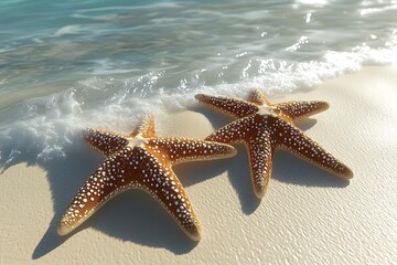 3D rendering of three starfish on the beach with clear blue water, summer background