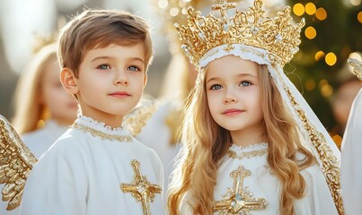 Baroque Angel Parade, children adorned in ornate costumes, vibrant colors, festive atmosphere, joy and celebration in a lively procession