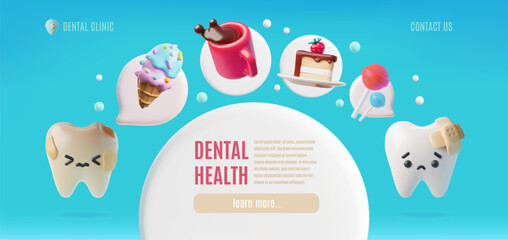 Dental clinic landing page vector design, 3D unhealthy sad teeth exposed to sweets, problems, upset tooth with plaster