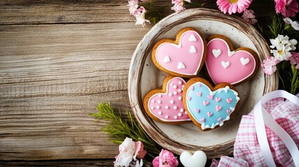 A Delightful heart shaped cookies decorated with pink and blue icing, surrounded by flowers. Perfect for Valentine Day celebrations
