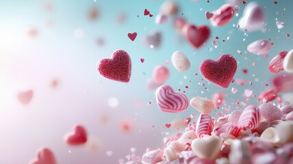 Fototapeta premium Valentine's candy box spilling holographic candies, glowing soft neon lights, pastel gradients, ultra-detailed digital art.