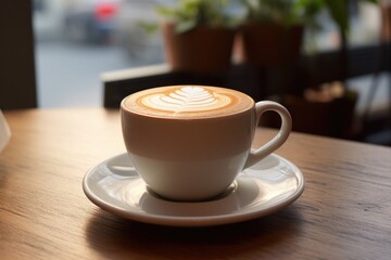 Obraz premium Flat White Coffee on Wooden Table in Cozy Cafe. Hot and Creamy Espresso Drink Served in a Cup