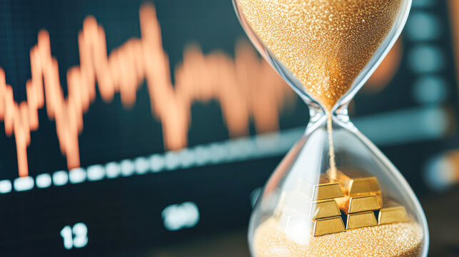 A sand timer with gold coins in it is placed in front of a graph
