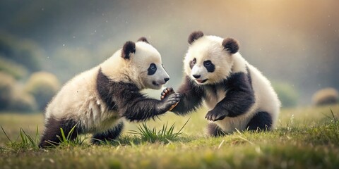 Obraz premium Playful Panda Cubs in Minimalist Grassland - Vintage Style Stock Photo