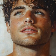 Fototapeta premium Intimate Encounter A Man s Playful and Mischievous Gaze in Soft Dreamlike Lighting