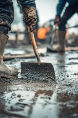 Workers using shovels to mix and spread concrete at a construction site during a cloudy day