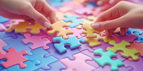 Hands assembling colorful pastel puzzle pieces
