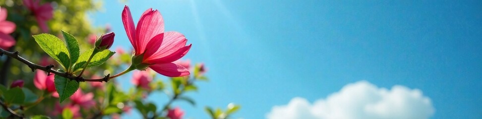 Fototapeta premium Delicate red petals against a bright blue sky, greenery, blossoms, foliage