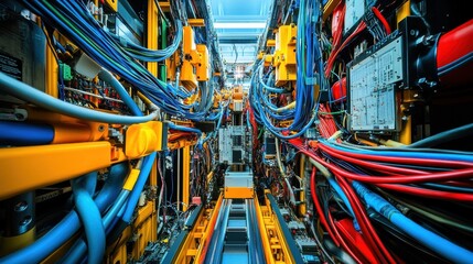 Fototapeta premium Intricate network of colorful wires and cables connecting advanced machinery in a sophisticated industrial setting, showcasing the complexity of modern automated systems