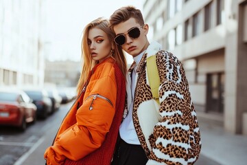 Obraz premium Fashionable young couple posing on city street wearing trendy jackets in vibrant colors during sunny daytime