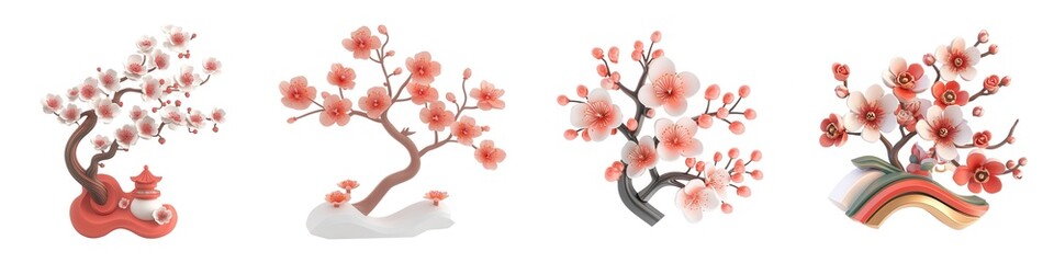 A series of artistic cherry blossom trees, showcasing vibrant pink flowers and intricate branches, symbolizing beauty and renewal on white background.