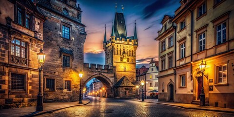 Fototapeta premium Prague Old Town Dust Gate Tower Night Coats of Arms Stock Photo