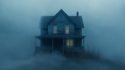 Foggy night, old house, eerie atmosphere, possible use Halloween, horror film, or haunted house stock