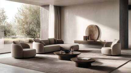 Modern minimalist living room with elegant beige furniture and large windows