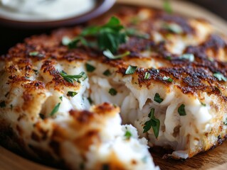 Delicious crab cake served on a wooden platter with herbs and dipping sauce, capturing a gourmet seafood experience for food lovers