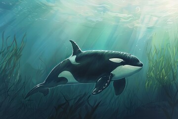Fototapeta premium Majestic orca whale is swimming peacefully in a kelp forest with sunrays shining through the water