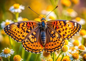 Provence Butterfly on Wildflowers, Melitaea didyma, France, June 2023.  High-resolution macro photography.