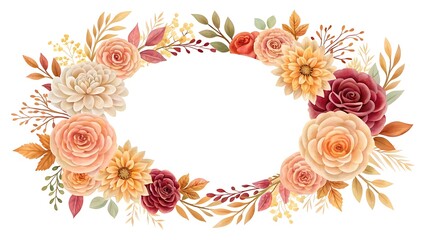 Circular Watercolor Floral Wreath with Autumn Roses, Dahlias, Chrysanthemums, and Fall Leaves in Peach, Burgundy, and Gold