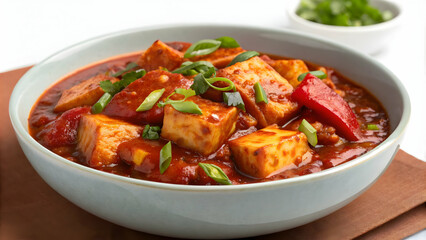 Fototapeta premium Spicy Tofu Dish with Red Sauce and Green Onions in White Bowl