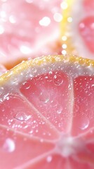 Close-up view of fresh pink lemon slices with droplets of water, highlighting their juicy texture and vibrant color in a bright setting