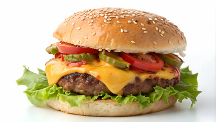 Title Close-Up Cheeseburger with Sesame Seed Bun and Fresh Vegetables