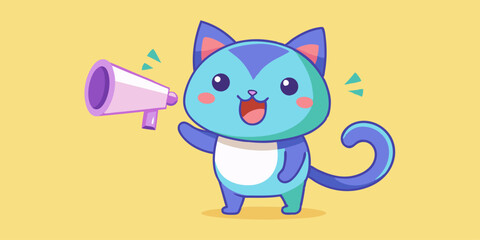 Cute Cartoon Cat with Megaphone in Pastel Colors – Yellow-Themed Adorable Illustration