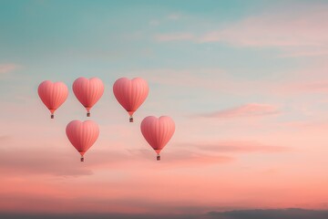 Obraz premium Valentine's themed hot air balloons shaped like hearts drifting above a vibrant festival, colorful illustration.