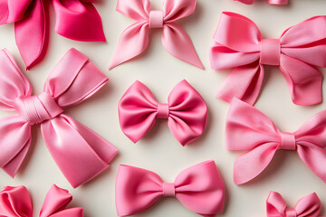 Elegant pink satin bows arranged on a beige background; perfect for gift wrapping, crafting, or design inspiration.