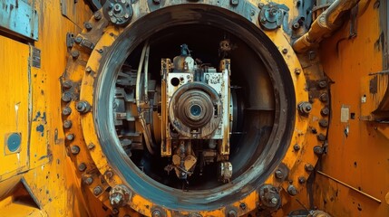 Close up of a large, yellow industrial machine revealing intricate internal components, highlighting advanced engineering and complex manufacturing processes within a heavy industry setting