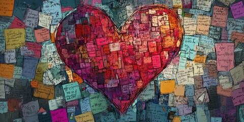 Obraz premium A large red heart formed from many colorful notes