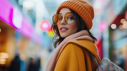 Obraz premium Hipster young woman in bright clothes, sun glasses, backpack bag and bucket hat posing on big shopping mall backgroung. Urban city street fashion. Fashion blogger. Selective focus. Copy space,