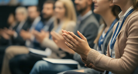 A close-up of audience applause at a business forum presentation. Entrepreneurs and business reps cheer in the tech summit auditorium, celebrating ideas and success.