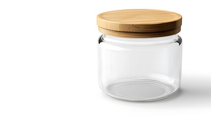 A clear jar with a wooden lid sits on a white background