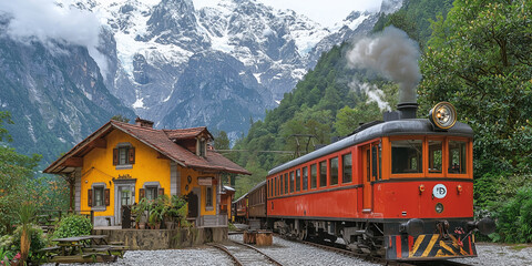 A vintage steam train pulling into a station with a yellow building and a backdrop of snow-capped mountains.