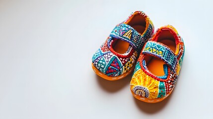 Pair of small brown leather boots for children in a Dutch souvenir shop with pink and white slippers on display