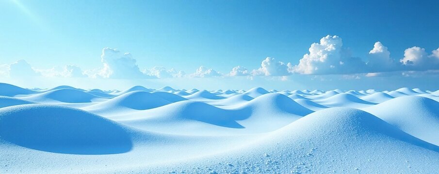 Blue clouds that resemble giant snow dunes in a vast, open landscape, wavy clouds, atmospheric effects, rolling clouds
