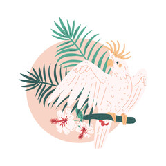 Illustration of white cockatoo parrot with palm leaves and flowers on round frame background.