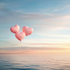 Fototapeta premium Transparent heart balloons floating gently over a calm sea at sunset, warm pastels, surreal vibe.
