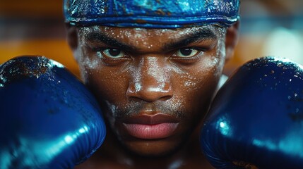 Young boxer focusing intensely before a big match in a training gym, showcasing determination and skill during an afternoon workout session