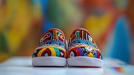 Pair of small brown leather boots for children in a Dutch souvenir shop with pink and white slippers on display