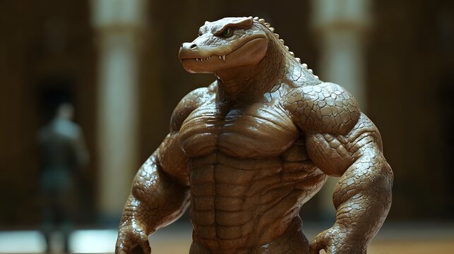 3D render of a muscular crocadile bodybuilder in a cinematic Unreal Engine style. Fusion of Strength, Power, and Artistic Visualization with Nature. Cartoon Bodybuilder Crocadile Mascots anima illistu