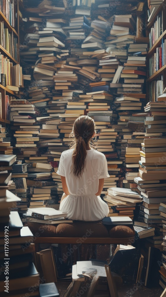 Poster teacher engaging with students in a cozy library surrounded by towering bookshelves filled with book