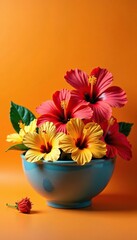 A small bowl filled with colorful Hibiscus flowers, orange, hibiscus, bright colors