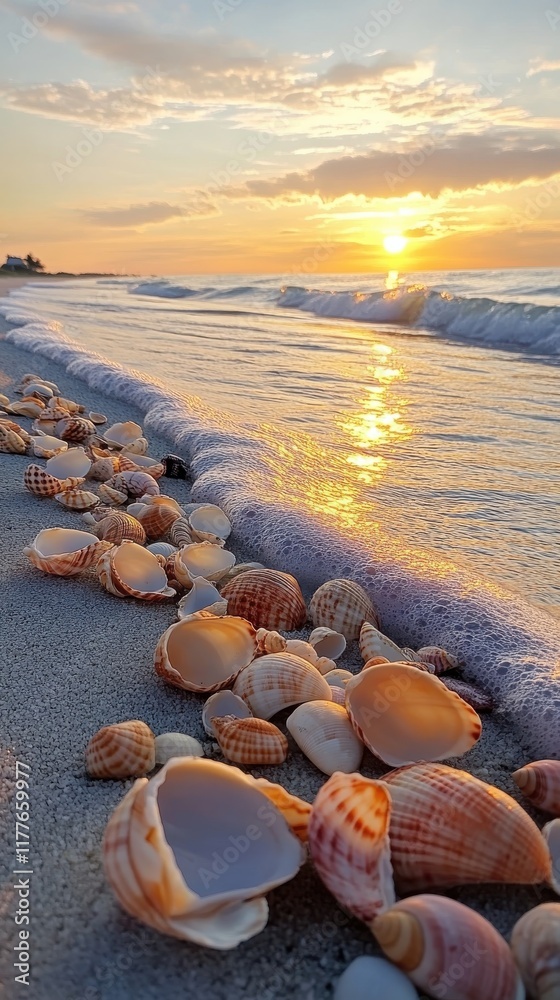 Poster sunset view of a serene beach with scattered seashells along the shoreline